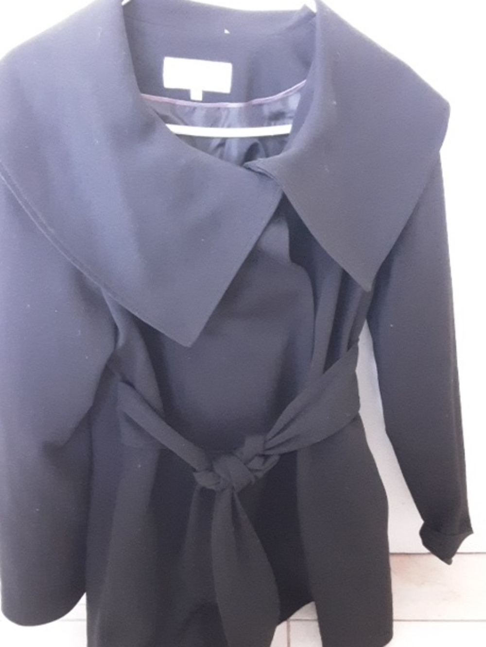 Calvin Klein Black Belted Coat with Wide Collar